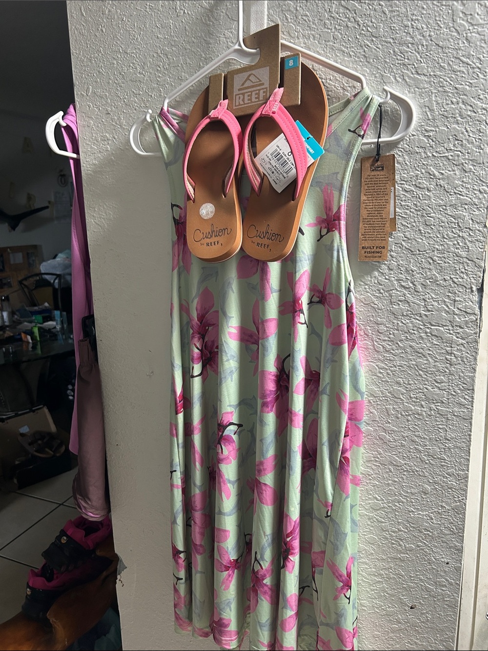 5 Fin on the Ocean Women summer dolphins & pink hibiscus flower Mint SunDress S